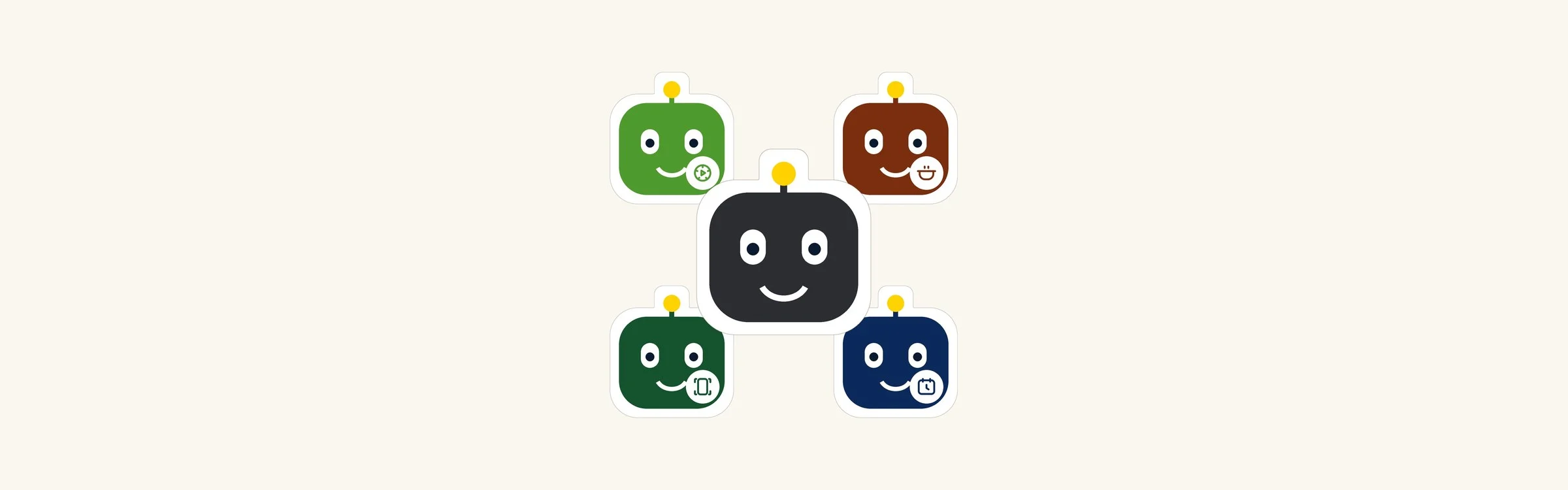 Tegnede robotstickers: en hovedbot omgivet af fire hjælpebots